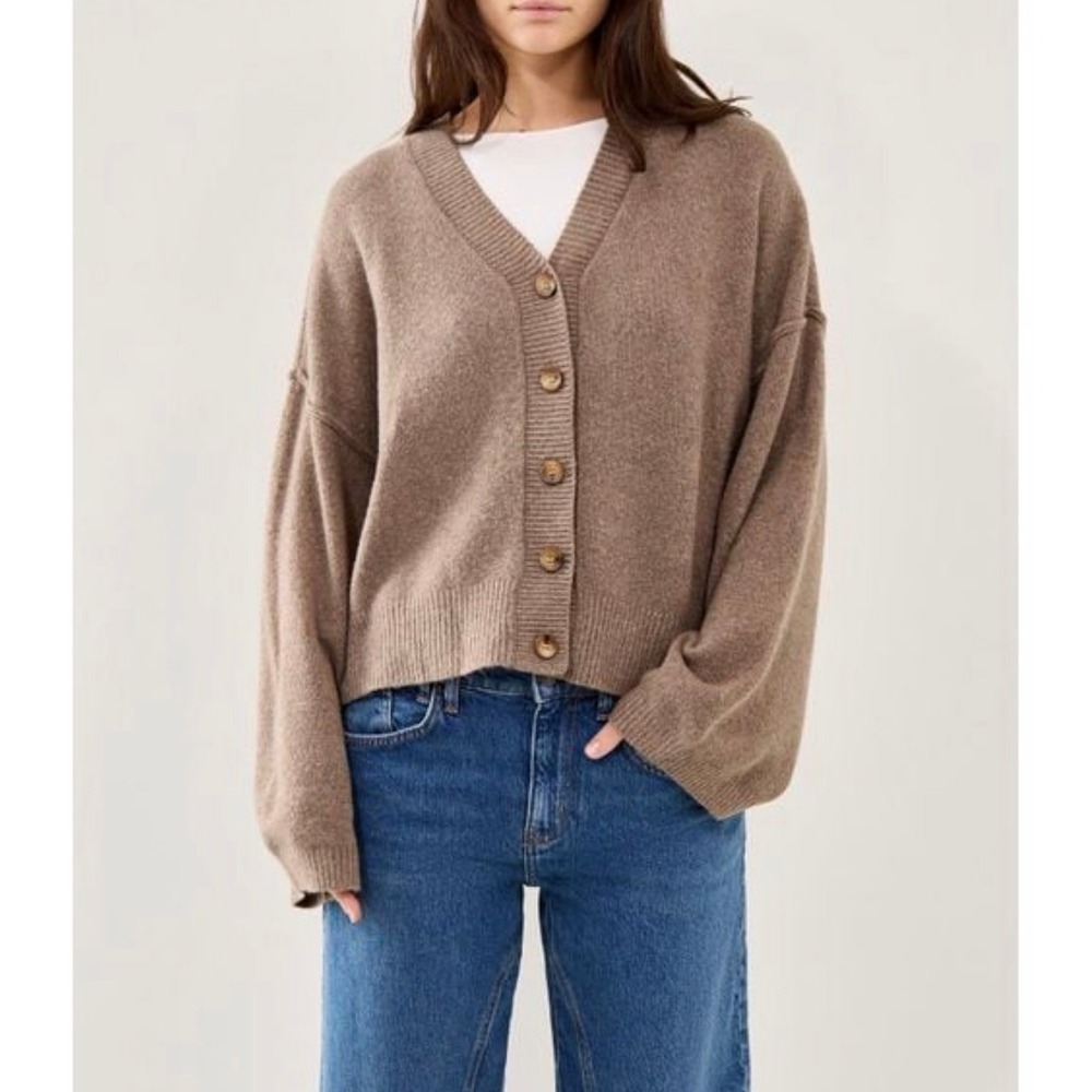 Free People Cool Of The Night Cardigan Oversized V-Neck Size S Mocha Brown Boho
